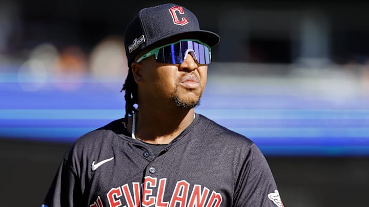 Oct 9, 2024; Detroit, Michigan, USA; Cleveland Guardians third baseman Jose Ramirez (11) looks on during the first inning during game three of the ALDS for the 2024 MLB Playoffs at Comerica Park. Mandatory Credit: Rick Osentoski-Imagn Images
