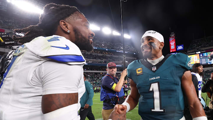 Sep 4, 2025; Philadelphia, Pennsylvania, USA; Philadelphia Eagles quarterback Jalen Hurts (1) shakes hands with Dallas Cowboys cornerback Trevon Diggs (7) after the game at Lincoln Financial Field. Mandatory Credit: Bill Streicher-Imagn Images Sep 4, 2025; Philadelphia, Pennsylvania, USA; Philadelphia Eagles quarterback Jalen Hurts (1) shakes hands with Dallas Cowboys cornerback Trevon Diggs (7) after the game at Lincoln Financial Field. Mandatory Credit: Bill Streicher-Imagn Images