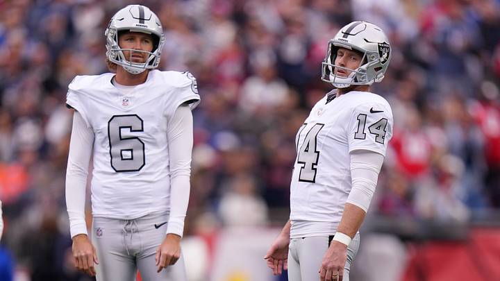 Oct 11, 2026; Foxborough, Massachusetts, USA; Las Vegas Raiders place kicker Matt Gay (14) reacts after a missed field goal against et New England Patriots at Gillette Stadium. Mandatory Credit: David Butler II-Imagn Images