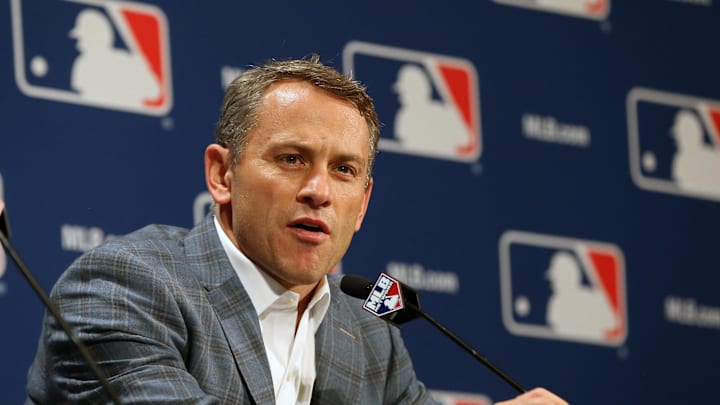 Dec 7, 2016; National Harbor, MD, USA; Chicago Cubs general manager Jed Hoyer speaks with the media after announcing a trade with the Kansas City Royals of relief pitcher Wade Davis for outfielder Jorge Soler (both not pictured) on day three of the 2016 Baseball Winter Meetings at Gaylord National Resort & Convention Center. Dec 7, 2016; National Harbor, MD, USA; Chicago Cubs general manager Jed Hoyer speaks with the media after announcing a trade with the Kansas City Royals of relief pitcher Wade Davis for outfielder Jorge Soler (both not pictured) on day three of the 2016 Baseball Winter Meetings at Gaylord National Resort & Convention Center.
