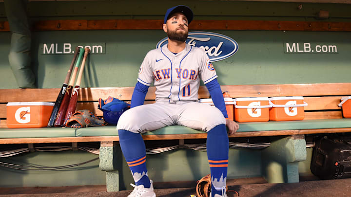 New York Mets left fielder Kevin Pillar (11) sits in the dugout.