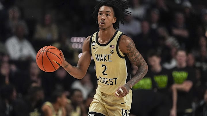 Feb 14, 2026; Winston-Salem, North Carolina, USA; Wake Forest Demon Deacons forward Juke Harris (2) brings the ball up court during the first half against the Stanford Cardinal at Lawrence Joel Veterans Memorial Coliseum. Mandatory Credit: Jim Dedmon-Imagn Images