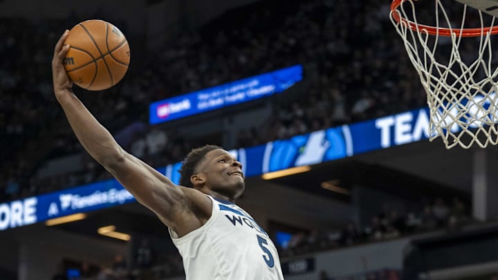 Mar 19, 2025; Minneapolis, Minnesota, USA; Minnesota Timberwolves guard Anthony Edwards (5) dunks the ball against the New Orleans Pelicans in the first half at Target Center. Mandatory Credit: Jesse Johnson-Imagn Images Mar 19, 2025; Minneapolis, Minnesota, USA; Minnesota Timberwolves guard Anthony Edwards (5) dunks the ball against the New Orleans Pelicans in the first half at Target Center. Mandatory Credit: Jesse Johnson-Imagn Images