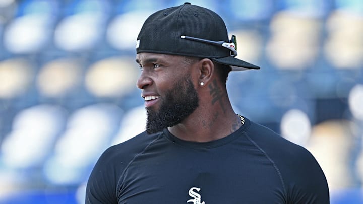 May 5, 2025; Kansas City, Missouri, USA;  Chicago White Sox center fielder Luis Robert Jr. (88) during batting practice before a game against the Kansas City Royals at Kauffman Stadium