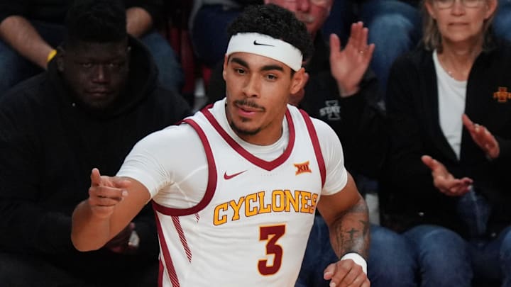 Iowa State Cyclones guard Tamin Lipsey (3) reacts after making a three-point shot against Stonehill during the second half in the NCAA basketball on Nov. 17, 2025, at Hilton Coliseum in Ames, Iowa.Iowa.