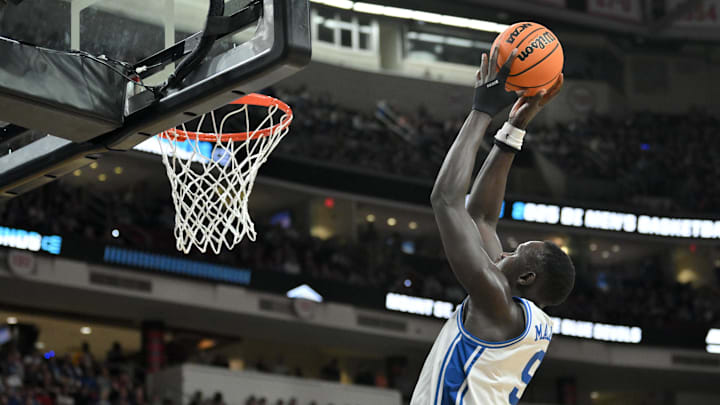 Mar 21, 2025; Raleigh, NC, USA; Duke Blue Devils center Khaman Maluach (9) shoots the ball against the Mount St. Mary's Mountaineers in the first round of the NCAA Tournament.