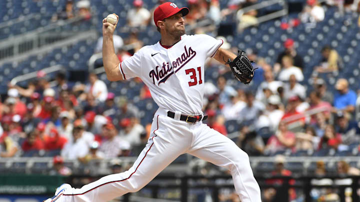 Jul 18, 2021; Washington, District of Columbia, USA; Washington Nationals starting pitcher Max Scherzer (31) throws to the San Diego Padres during the first inning at Nationals Park.