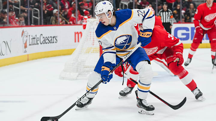 Apr 6, 2023; Detroit, Michigan, USA; Buffalo Sabres right wing Jack Quinn (22) during the first period against the Detroit Red Wings at Little Caesars Arena. Mandatory Credit: Tim Fuller-Imagn Images