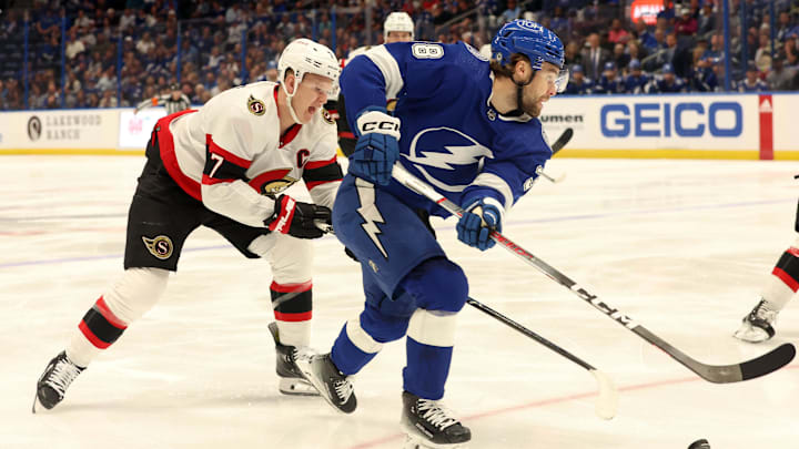 Apr 11, 2024; Tampa, Florida, USA; Tampa Bay Lightning left wing Brandon Hagel (38) skates with the