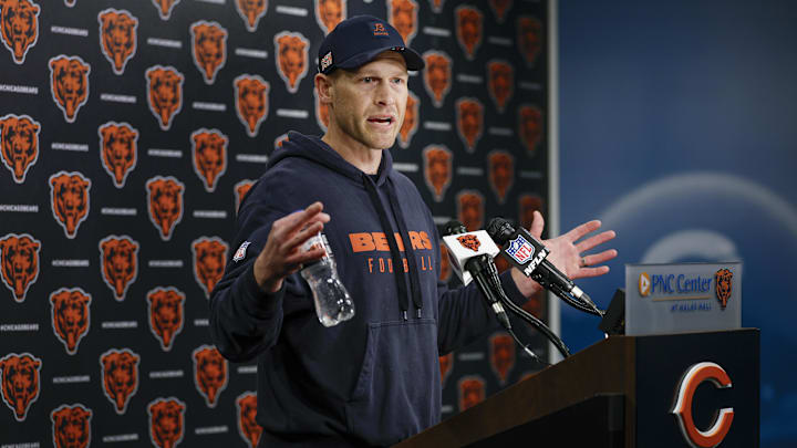 May 9, 2025; Lake Forest, IL, USA; Chicago Bears head coach Ben Johnson (R) speaks during the Rookie Minicamp at Halas Hall. Mandatory Credit: Kamil Krzaczynski-Imagn Images