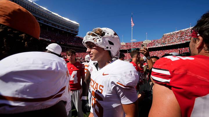 Texas Longhorns quarterback Arch Manning (16) leaves the field following the NCAA football game against the Ohio State Buckeyes at Ohio Stadium on Aug. 30, 2025. Ohio State won 14-7.