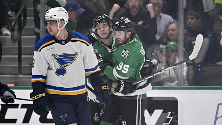 Mar 2, 2025; Dallas, Texas, USA; Dallas Stars center Wyatt Johnston (53) and center Matt Duchene (95) celebrate after Johnston scores his third goal of the game for a hat trick against the St. Louis Blues as center Radek Faksa (12) looks on during the third period at the American Airlines Center. Mandatory Credit: Jerome Miron-Imagn Images