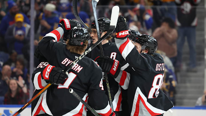 Mar 8, 2026; Buffalo, New York, USA; Buffalo Sabres center Tage Thompson (72) celebrates his goal with teammates during the second period against the Tampa Bay Lightning at KeyBank Center. Mandatory Credit: Timothy T. Ludwig-Imagn Images Mar 8, 2026; Buffalo, New York, USA; Buffalo Sabres center Tage Thompson (72) celebrates his goal with teammates during the second period against the Tampa Bay Lightning at KeyBank Center. Mandatory Credit: Timothy T. Ludwig-Imagn Images