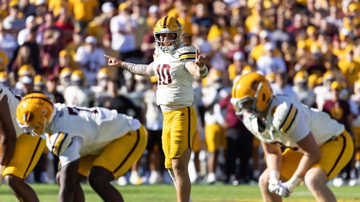 Oct 18, 2025; Tempe, Arizona, USA; Arizona State Sun Devils quarterback Sam Leavitt (10) against the Texas Tech Red Raiders at Mountain America Stadium. Mandatory Credit: Mark J. Rebilas-Imagn Images Oct 18, 2025; Tempe, Arizona, USA; Arizona State Sun Devils quarterback Sam Leavitt (10) against the Texas Tech Red Raiders at Mountain America Stadium. Mandatory Credit: Mark J. Rebilas-Imagn Images