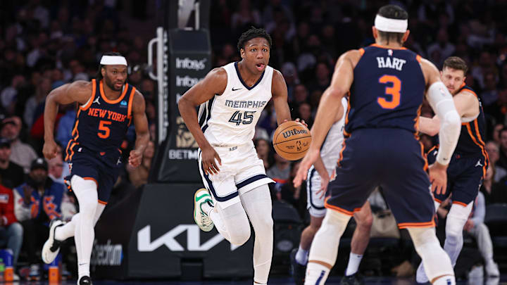 Feb 6, 2024; New York, New York, USA; Memphis Grizzlies forward GG Jackson (45) dribbles up court as New York Knicks guard Josh Hart (3) defends during the second half at Madison Square Garden. Mandatory Credit: Vincent Carchietta-USA TODAY Sports