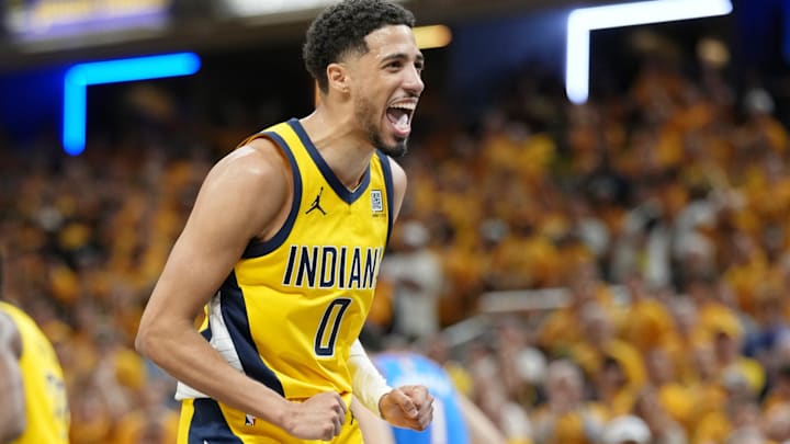 Indiana Pacers guard Tyrese Haliburton (0) reacts after a play against the Oklahoma City Thunder during the second half during game four of the 2025 NBA Finals at Gainbridge Fieldhouse.