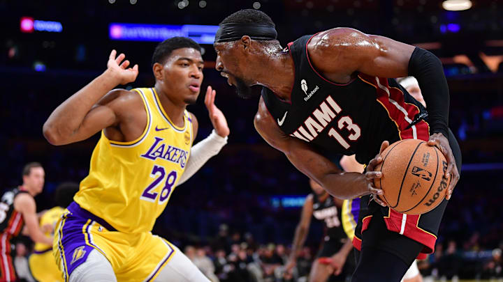 January 15, 2025; Los Angeles, California, USA; Miami Heat center Bam Adebayo (13) controls the ball against Los Angeles Lakers forward Rui Hachimura (28) during the first half at Crypto.com Arena. Mandatory Credit: Gary A. Vasquez-Imagn Images January 15, 2025; Los Angeles, California, USA; Miami Heat center Bam Adebayo (13) controls the ball against Los Angeles Lakers forward Rui Hachimura (28) during the first half at Crypto.com Arena. Mandatory Credit: Gary A. Vasquez-Imagn Images