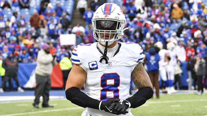 Nov 16, 2025; Orchard Park, New York, USA;  Buffalo Bills linebacker Terrel Bernard (8) warms up prior to the game against the Tampa Bay Buccaneers at Highmark Stadium. Mandatory Credit: Mark Konezny-Imagn Images