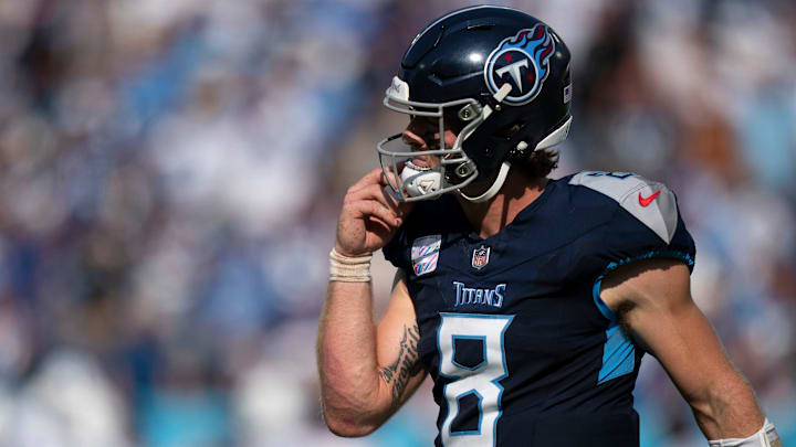 Tennessee Titans quarterback Will Levis (8) heads off the field after throwing a fourth quarter interception against the Indianapolis Colts during their game at Nissan Stadium in Nashville, Tenn., Monday, Oct. 14, 2024.