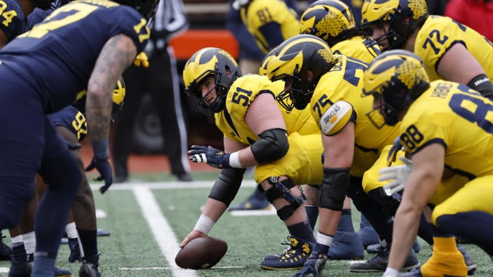 Apr 1, 2023; Ann Arbor, MI, USA; Michigan Wolverines offensive lineman Greg Crippen (51) prepares to snap during the Spring Game at Michigan Stadium. Mandatory Credit: Rick Osentoski-USA TODAY Sports