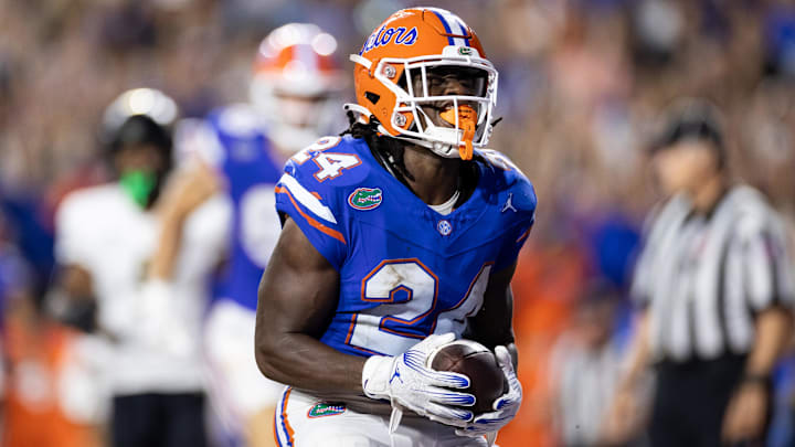 Oct 5, 2024; Gainesville, Florida, USA; Florida Gators running back Ja'Kobi Jackson (24) reacts after a scoring a touchdown against the UCF Knights during the first half at Ben Hill Griffin Stadium. Mandatory Credit: Matt Pendleton-Imagn Images