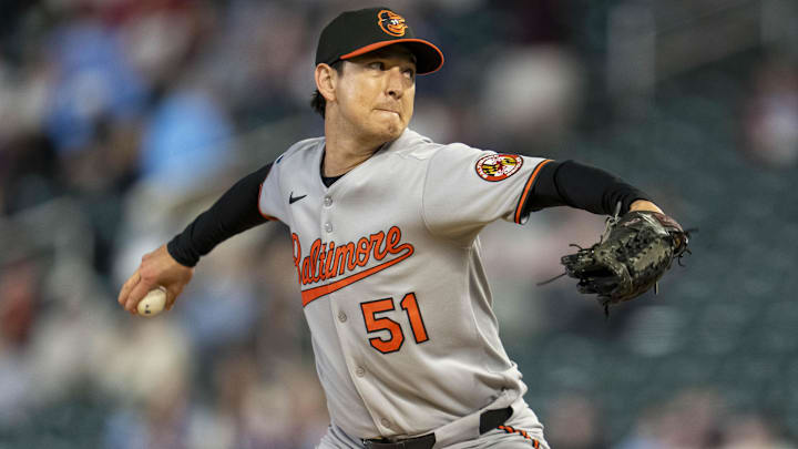 May 7, 2025; Minneapolis, Minnesota, USA; Baltimore Orioles relief pitcher Matt Bowman (51) delivers a pitch against the Minnesota Twins in the eighth inning at Target Field.