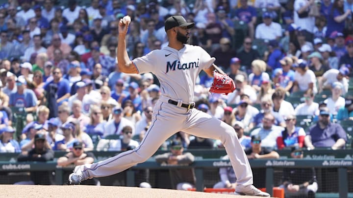 May 7, 2023; Chicago, Illinois, USA; Miami Marlins starting pitcher Sandy Alcantara (22) throws the ball against the Chicago Cubs during the first inning at Wrigley Field.