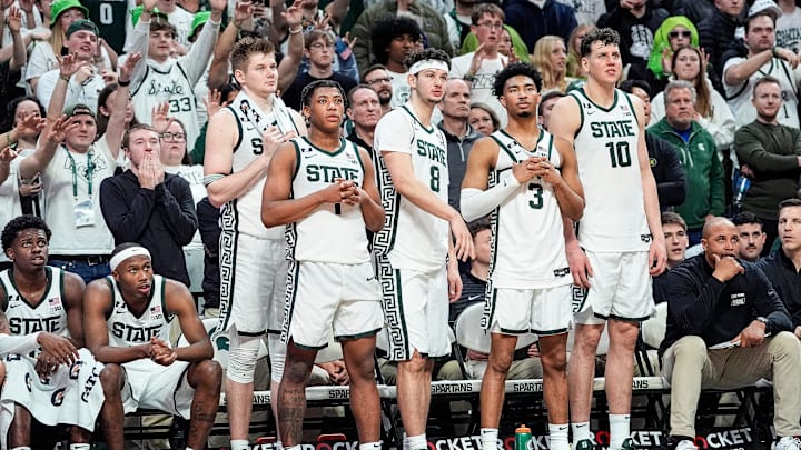 From left, Michigan State forward Jaxon Kohler (0), guard Jeremy Fears Jr. (1), forward Frankie Fidler (8), guard Jaden Akins (3) and center Szymon Zapala (10) watch a play against Minnesota during the second half at Breslin Center in East Lansing on Tuesday, Jan. 28, 2025.