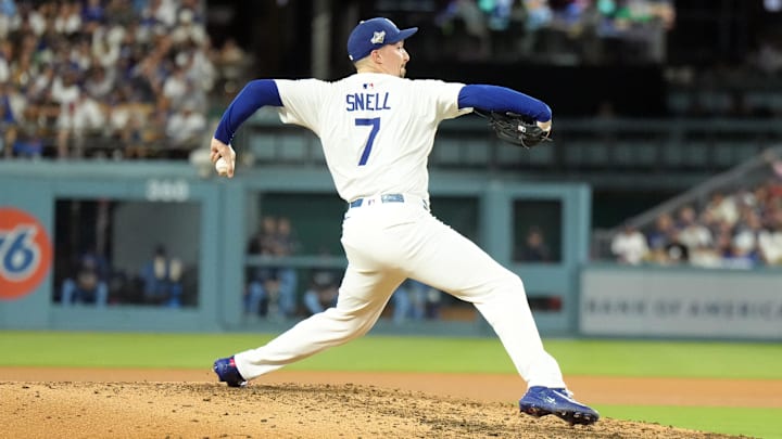 Oct 29, 2025; Los Angeles, California, USA; Los Angeles Dodgers starting pitcher Blake Snell (7) throws during game five of the 2025 MLB World Series against the Toronto Blue Jays at Dodger Stadium. Mandatory Credit: Kirby Lee-Imagn Images