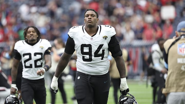 Sep 29, 2024; Houston, Texas, USA; Jacksonville Jaguars defensive tackle Maason Smith (94) after the game against the Houston Texans at NRG Stadium. Mandatory Credit: Troy Taormina-Imagn Images