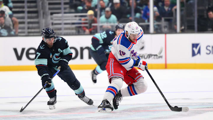 Oct 21, 2023; Seattle, Washington, USA; New York Rangers left wing Artemi Panarin (10) plays the