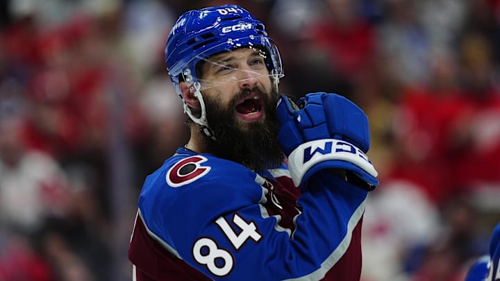 Feb 2, 2026; Denver, Colorado, USA; Colorado Avalanche defenseman Brent Burns (84) calls out in the third period against the Detroit Red Wings at Ball Arena. Mandatory Credit: Ron Chenoy-Imagn Images Feb 2, 2026; Denver, Colorado, USA; Colorado Avalanche defenseman Brent Burns (84) calls out in the third period against the Detroit Red Wings at Ball Arena. Mandatory Credit: Ron Chenoy-Imagn Images
