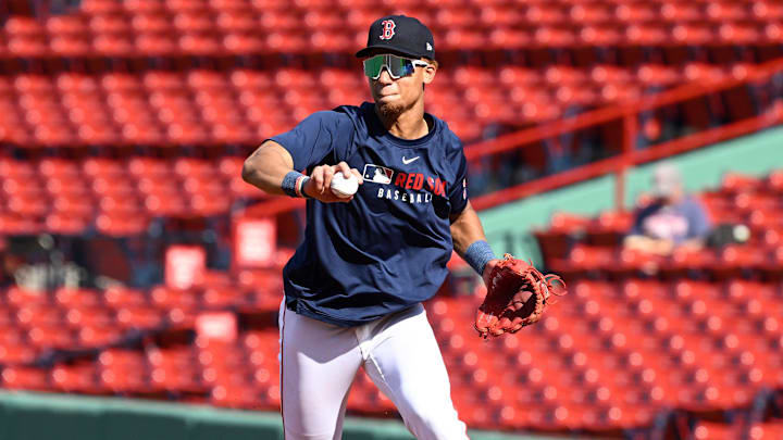 May 16, 2025; Boston, Massachusetts, USA; Boston Red Sox second baseman Kristian Campbell (28) warms up before a game against the Atlanta Braves at Fenway Park. Mandatory Credit: Eric Canha-Imagn Images