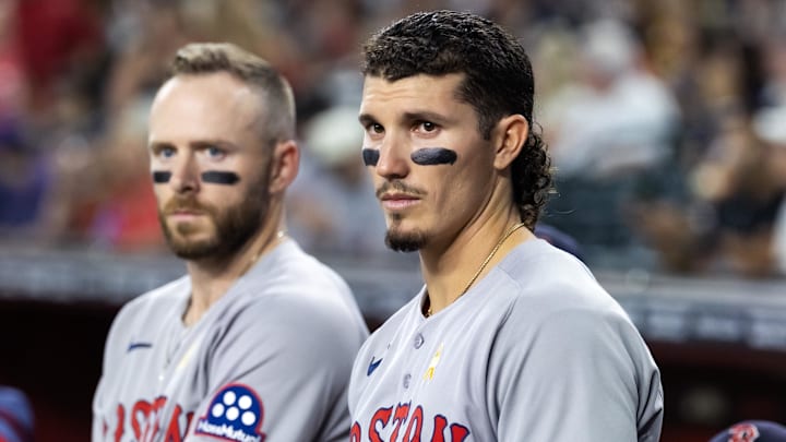 Sep 7, 2025; Phoenix, Arizona, USA; Boston Red Sox outfielder Jarren Duran (right) and shortstop Trevor Story against the Arizona Diamondbacks at Chase Field. Mandatory Credit: Mark J. Rebilas-Imagn Images