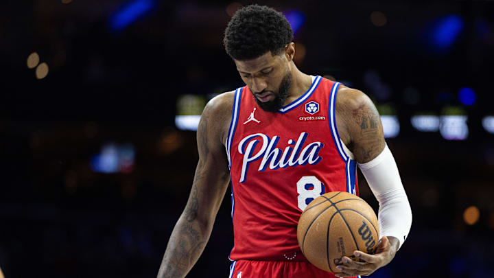 Dec 13, 2024; Philadelphia, Pennsylvania, USA; Philadelphia 76ers forward Paul George (8) prepares to shoot a foul shot against the Indiana Pacers during the fourth quarter at Wells Fargo Center. Mandatory Credit: Bill Streicher-Imagn Images