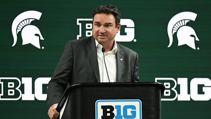 Jul 24, 2024; Indianapolis, IN, USA;  Michigan State Spartans head coach Jonathan Smith speaks to the media during the Big 10 football media day at Lucas Oil Stadium. Mandatory Credit: Robert Goddin-USA TODAY Sports