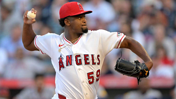 Apr 6, 2026; Anaheim, California, USA;  Los Angeles Angels pitcher Jose Soriano (59) delivers to the plate in the first inning against the Atlanta Braves at Angel Stadium. Mandatory Credit: Jayne Kamin-Oncea-Imagn Images