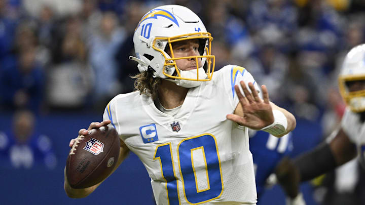 Dec 26, 2022; Indianapolis, Indiana, USA; Los Angeles Chargers quarterback Justin Herbert (10) throws a pass during the second half against the Indianapolis Colts at Lucas Oil Stadium. Mandatory Credit: Marc Lebryk-Imagn Images Dec 26, 2022; Indianapolis, Indiana, USA; Los Angeles Chargers quarterback Justin Herbert (10) throws a pass during the second half against the Indianapolis Colts at Lucas Oil Stadium. Mandatory Credit: Marc Lebryk-Imagn Images
