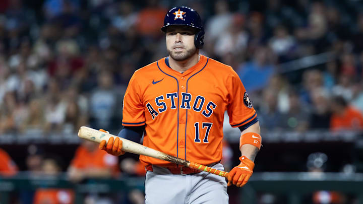 Jul 22, 2025; Phoenix, Arizona, USA; Houston Astros catcher Victor Caratini against the Arizona Diamondbacks at Chase Field. Mandatory Credit: Mark J. Rebilas-Imagn Images