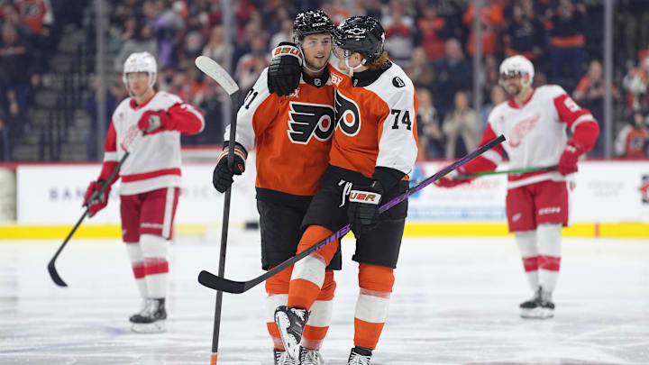 Apr 2, 2026; Philadelphia, Pennsylvania, USA; Philadelphia Flyers right wing Tyson Foerster (71) reacts with right wing Owen Tippett (74) after scoring a goal against the Detroit Red Wings in the second period at Xfinity Mobile Arena.