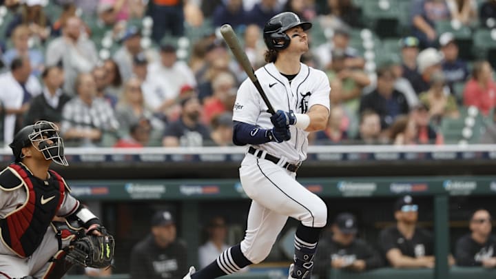 Detroit Tigers second baseman Zach McKinstry (39) hits a two-run home run. 