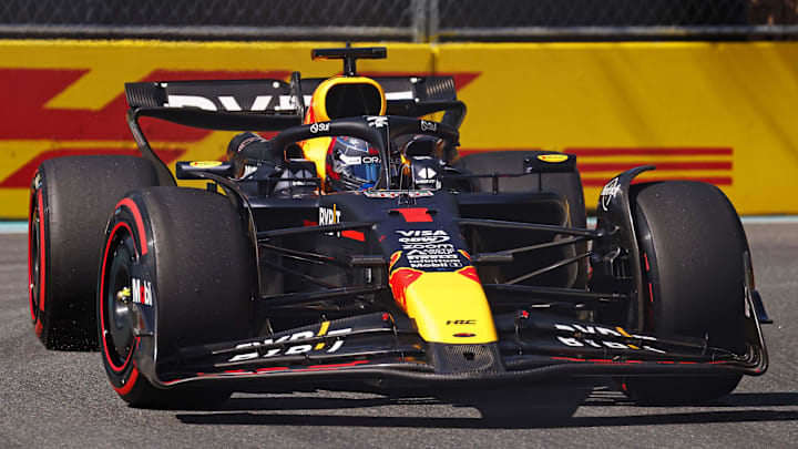 May 4, 2024; Miami Gardens, Florida, USA; Red Bull Racing driver Max Verstappen (1) during F1 qualifying for Miami Grand Prix at Miami International Autodrome. Mandatory Credit: Peter Casey-Imagn Images