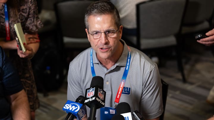 Mar 30, 2026; Phoenix, AZ, USA; New York Giants head coach John Harbaugh during the 2026 NFL Annual League Meeting at the Arizona Biltmore. Mandatory Credit: Mark J. Rebilas-Imagn Images