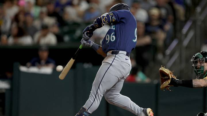 Sep 12, 2026; West Sacramento, California, USA; Seattle Mariners designated hitter Michael Arroyo (96) hits a two-RBI single against Athletics pitcher Yunior Tur (not pictured) during the eighth inning at Sutter Health Park.  Mandatory Credit: Dennis Lee-Imagn Images