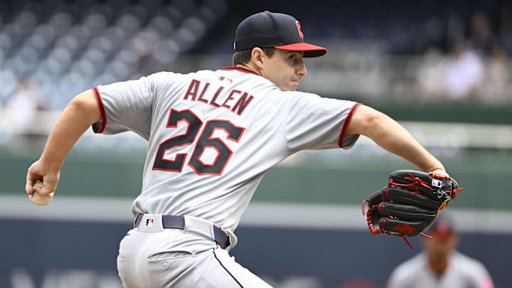 May 7, 2025; Washington, District of Columbia, USA; Cleveland Guardians starting pitcher Logan Allen (26) throws to the Washington Nationals during the first inning at Nationals Park. Mandatory Credit: Brad Mills-Imagn Images