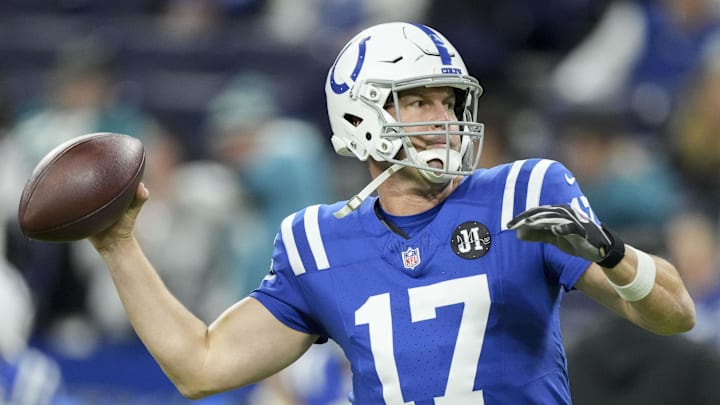 Dec 28, 2025; Indianapolis, Indiana, USA; Indianapolis Colts quarterback Philip Rivers (17) warms up ahead of a game against the Jacksonville Jaguars  at Lucas Oil Stadium. Mandatory Credit: Grace Hollars-USA TODAY Network via Imagn Images