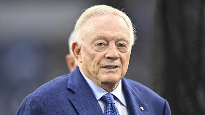 Sep 28, 2025; Arlington, Texas, USA; Dallas Cowboys owner Jerry Jones looks on before the game against the Green Bay Packers at AT&T Stadium. Mandatory Credit: Jerome Miron-Imagn Images