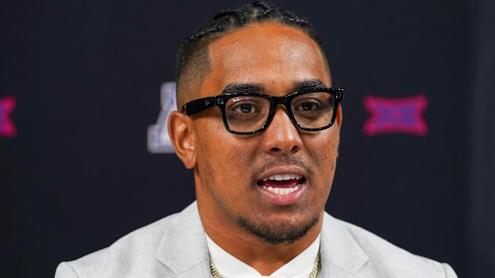 Jul 9, 2025; Frisco, TX, USA; Arizona quarterback Noah Fifita speaks with the media during 2025 Big 12 Football Media Days at The Star. Mandatory Credit: Raymond Carlin III-Imagn Images