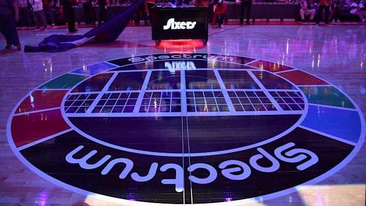 Feb 2, 2022; Philadelphia, Pennsylvania, USA; A view of the Spectrum logo at center court during game between Philadelphia 76ers and Washington Wizards at Wells Fargo Center. Mandatory Credit: Eric Hartline-Imagn Images Feb 2, 2022; Philadelphia, Pennsylvania, USA; A view of the Spectrum logo at center court during game between Philadelphia 76ers and Washington Wizards at Wells Fargo Center. Mandatory Credit: Eric Hartline-Imagn Images