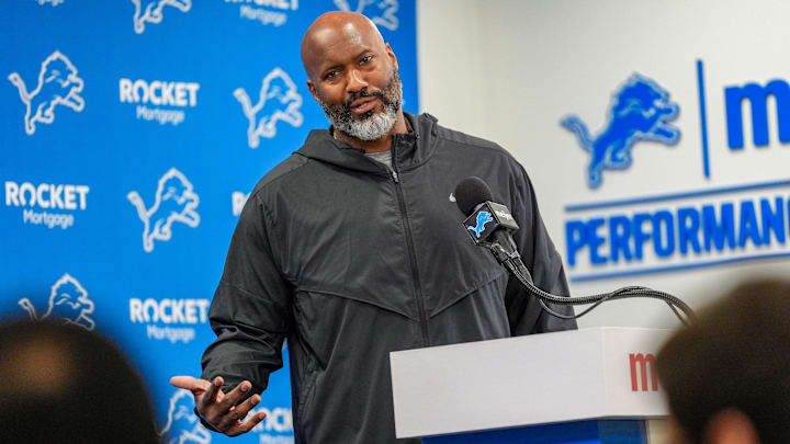 Detroit Lions Executive Vice President & General Manager Brad Holmes speaks to the press about their season, how it ended and what’s next at the Detroit Lions headquarters and training facility in Allen Park, Mich., Thursday, Jan. 23, 2025.